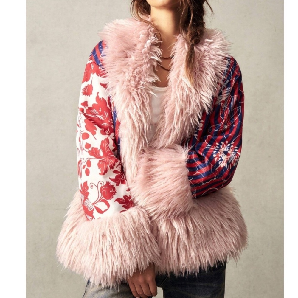Boho Faux Fur Floral Print Long Sleeve Jacket Coat
